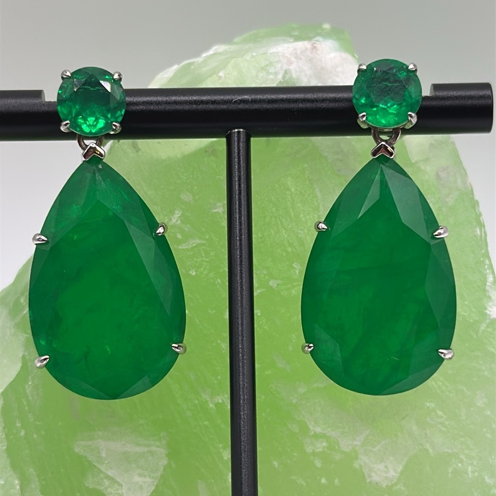18 X 28 mm. - 8 mm. FOREST GREEN DOBLET EMERALD DROP EARRINGS 925 SILVER